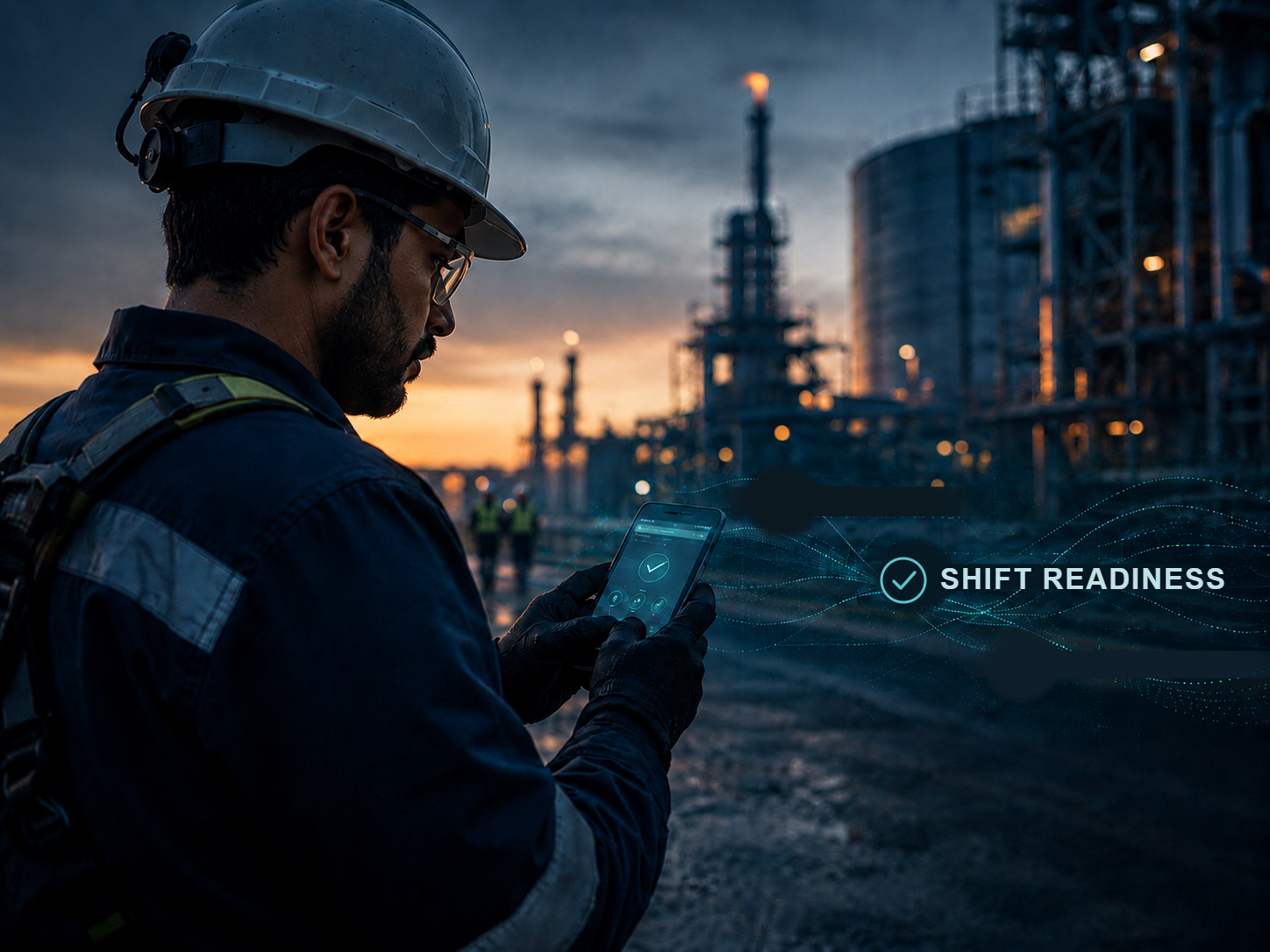 Frontline worker completing a short shift-readiness check on a phone at an industrial site
