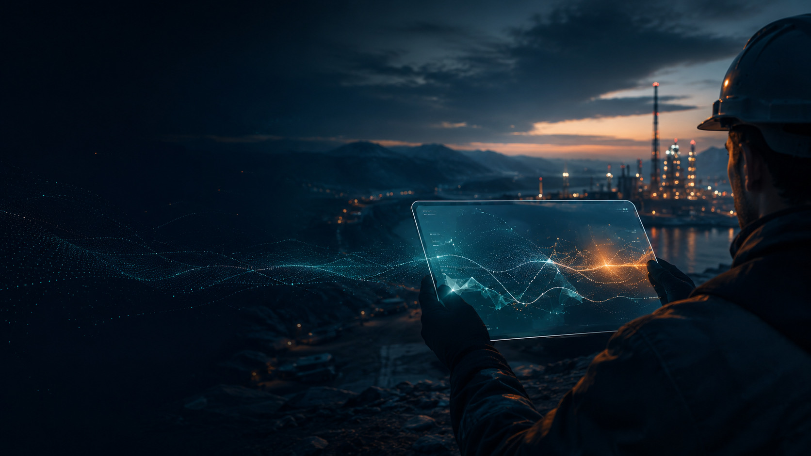 Field engineer reviewing readiness intelligence on a tablet at dusk