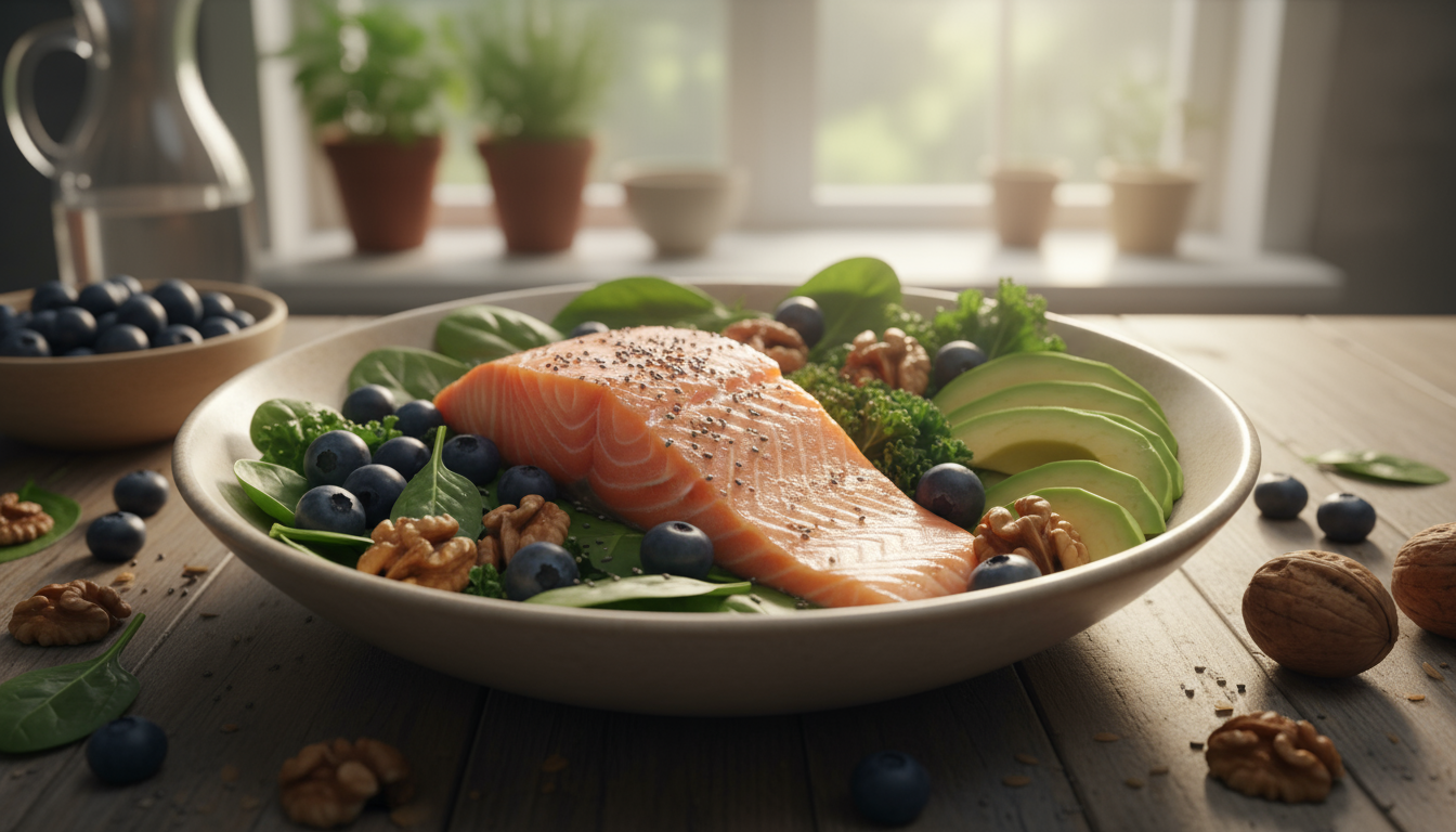 Healthy Mediterranean meal with salmon, avocado, greens, and berries