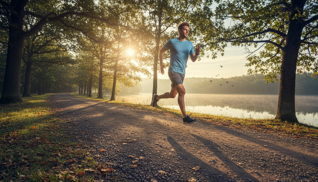 Person jogging by a lake in nature