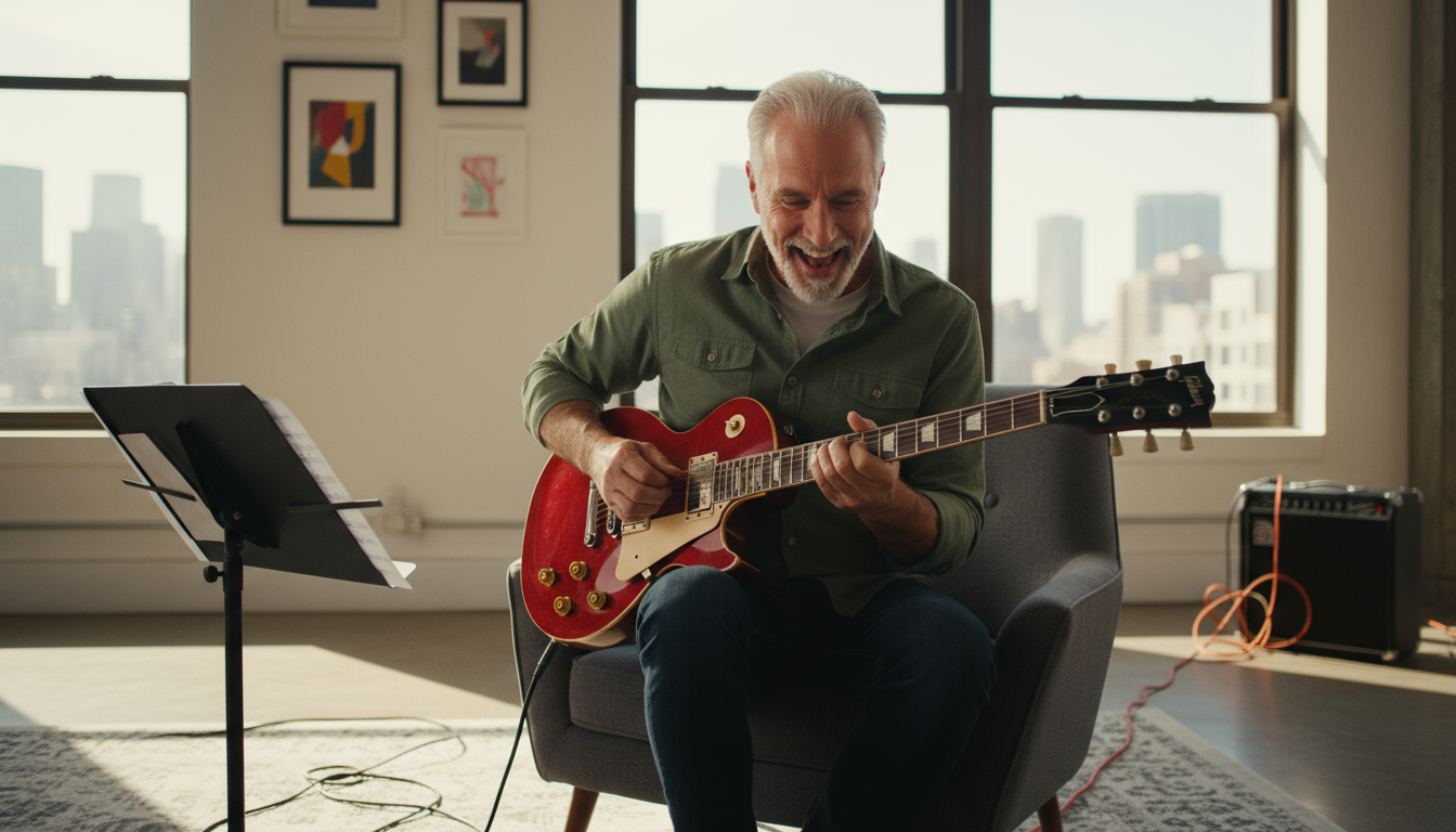 Older man learning to play guitar